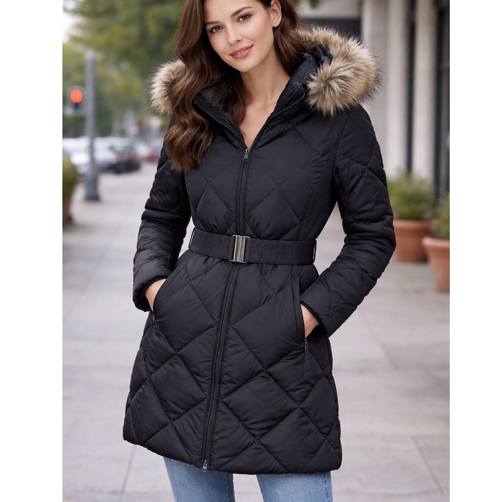 Uniqlo XS‎ Black Down Puffer Coat Belted Faux Fur Hood Long Winter Neutral Warm